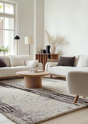 Highly modern rug in a Scandinavian living room with a simple design.
