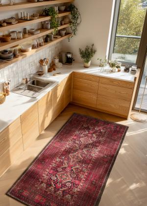Handknuten afghansk matta med geometriska mönster och starka färger i modernt kök